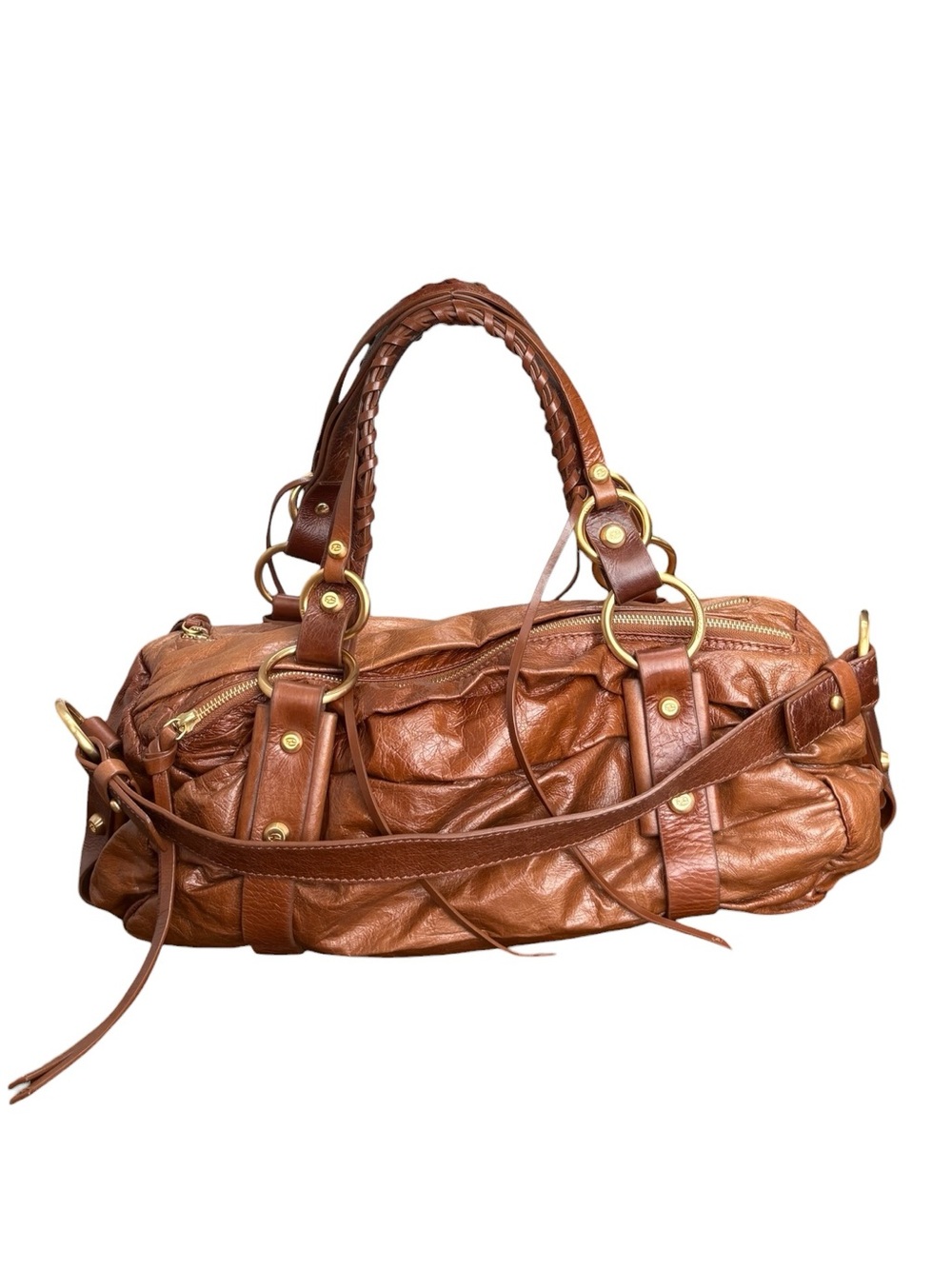Francesco Biasia 2 Way Whipstitch Brown Leather Satchel Handbag Y2K